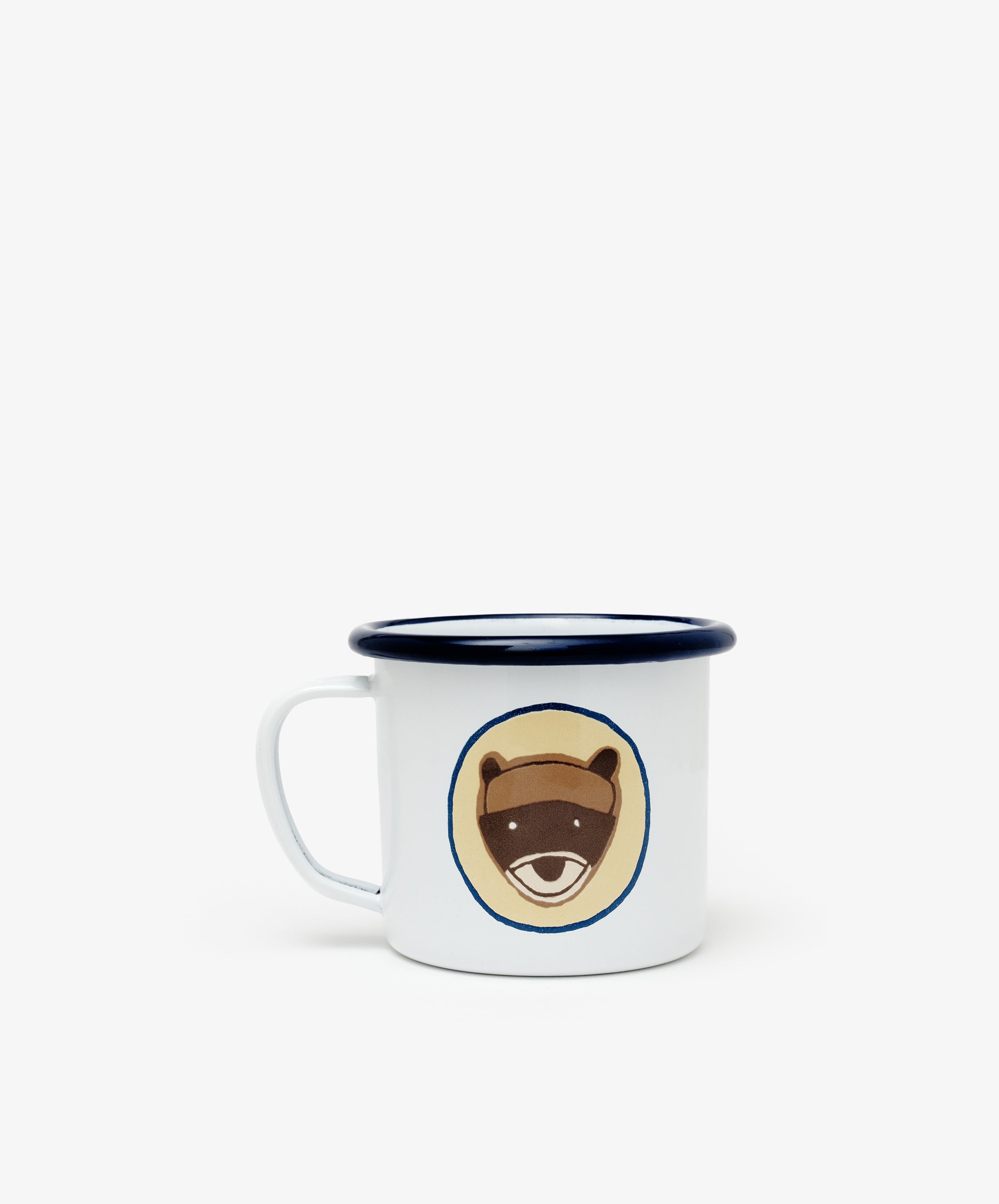 Set of 4 Camp Cups: White enamel mugs with black rims, each featuring a raccoon face illustration in a circle inspired by vintage scout badges, displayed against a plain white background.