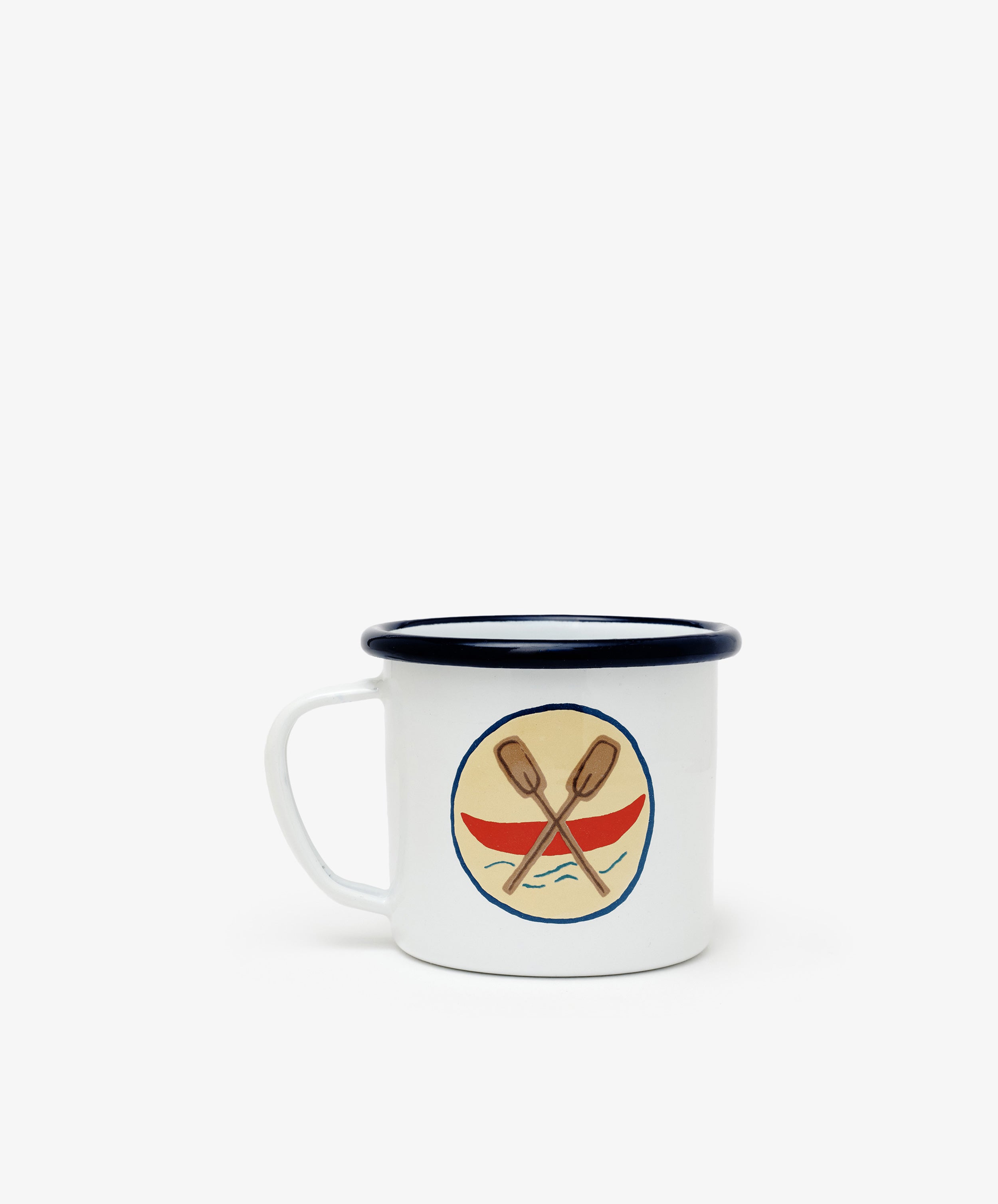 The Camp Cups, Set of 4 are white enamel mugs with black rims, featuring a circular emblem of crossed oars over a red and gold wave—evoking vintage scout badges. Ideal for kids tableware or pairing with enamel plates.