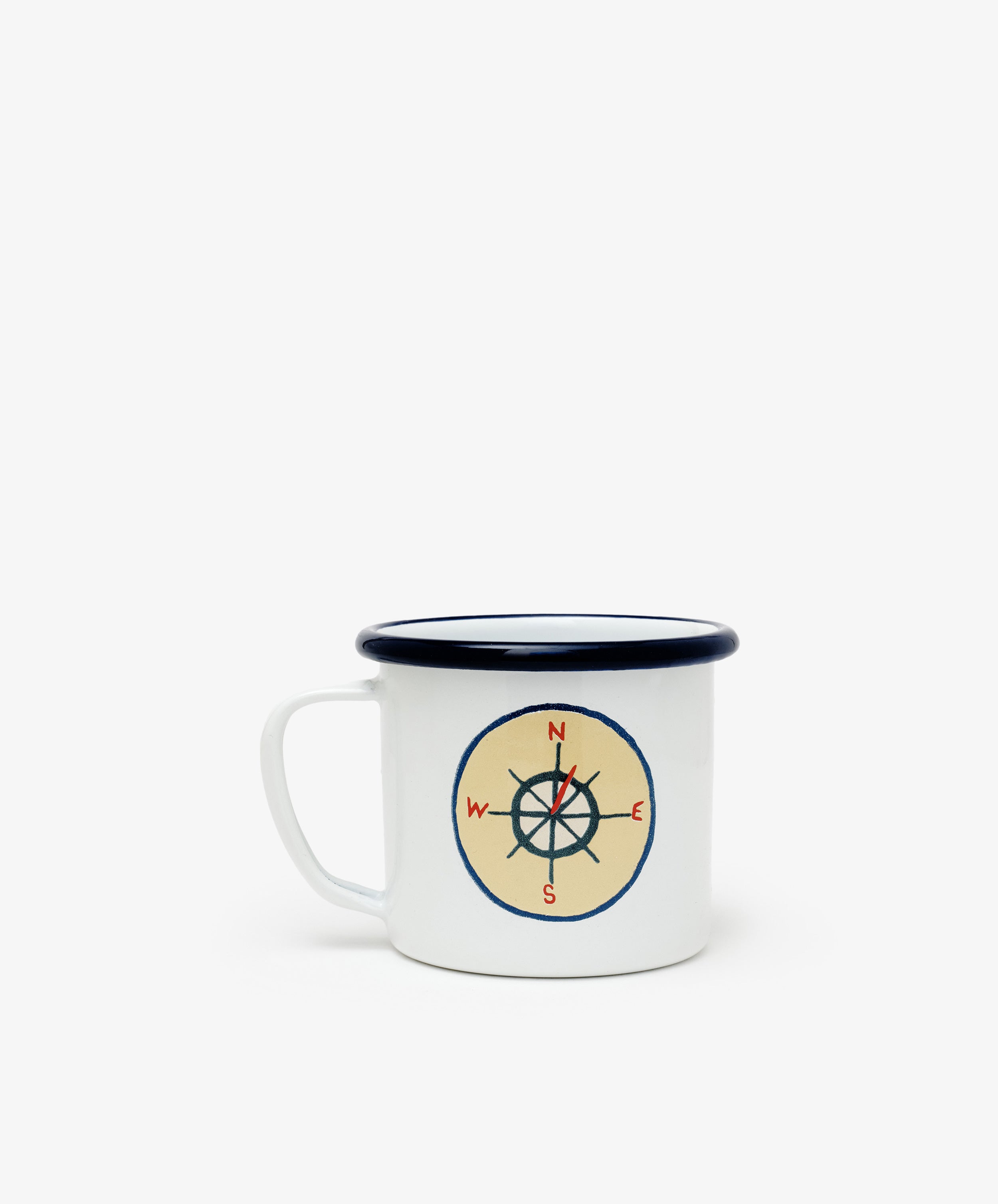 The Camp Cups, Set of 4 are white enamel mugs with blue rims and a compass design in red and black—perfect for adding vintage scout badge style to your kids’ tableware or pairing with enamel plates.
