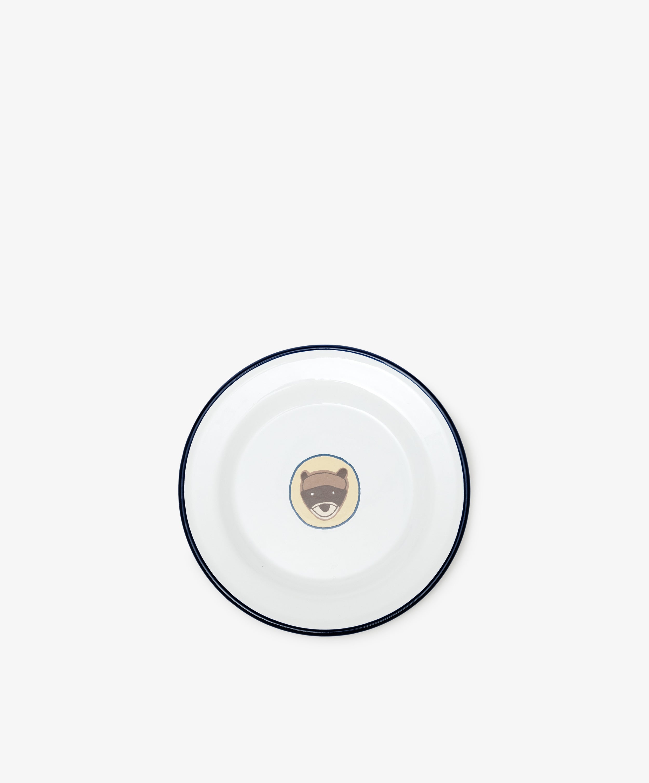 The Camp Plates, Set of 4, feature white round enamel plates with a dark rim and a cartoon bear face in the center, perfect for kids tableware. Shown on a plain white background.