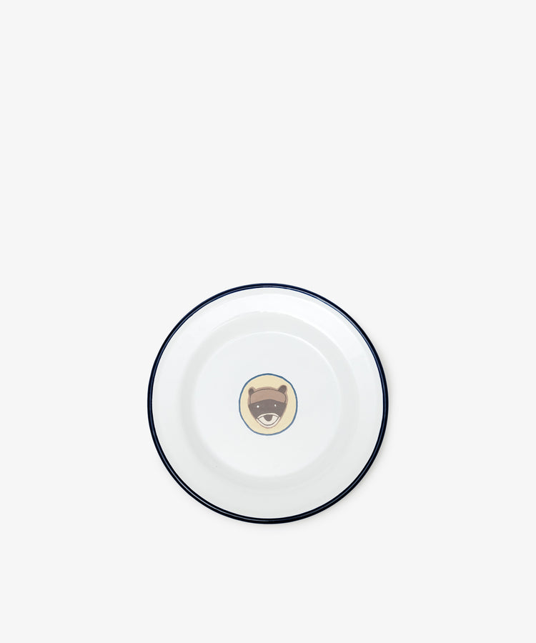 The Camp Plates, Set of 4, feature white round enamel plates with a dark rim and a cartoon bear face in the center, perfect for kids tableware. Shown on a plain white background.