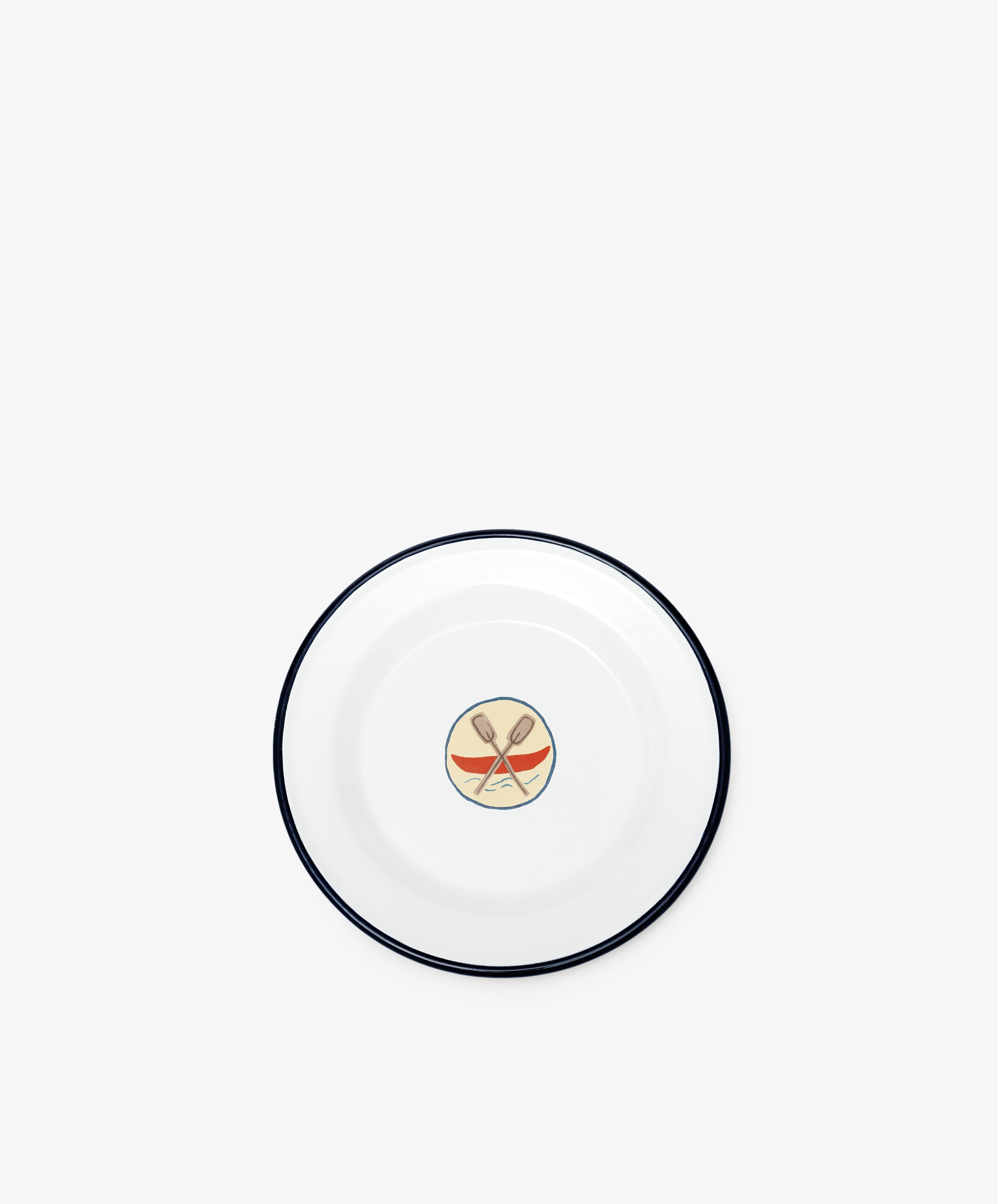 The Camp Plates, Set of 4, feature white enamel with a dark rim and a central design of crossed wooden spoons above an orange banner—evoking vintage scout badges and perfect for kids' tableware.