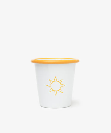 The Il Sole Enamel Cup, Set of 2, features a white finish with a yellow rim and a minimalist summer sun motif on the front, displayed against a plain white background.