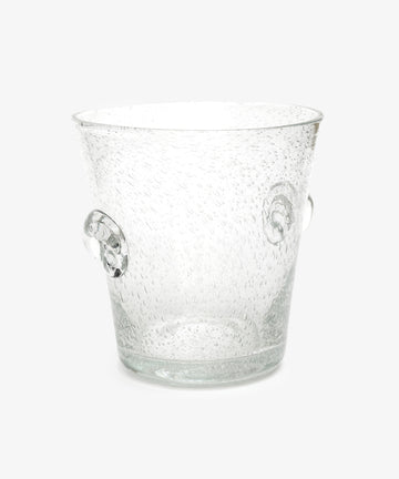 The Lauren Champagne Bucket features clear glass with a textured, bubble-like surface and two round side handles, displayed against a plain white background.