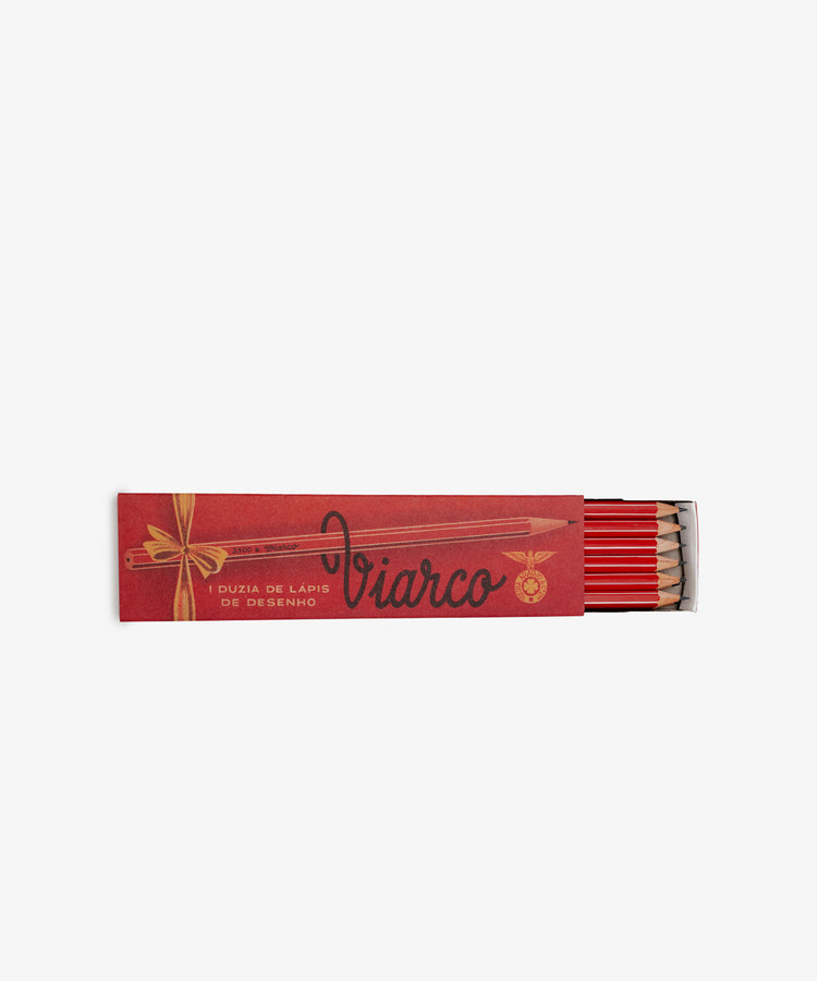 A partially open Viarco Pencil Box, Set of 12, reveals several red-tipped Portuguese pencils.