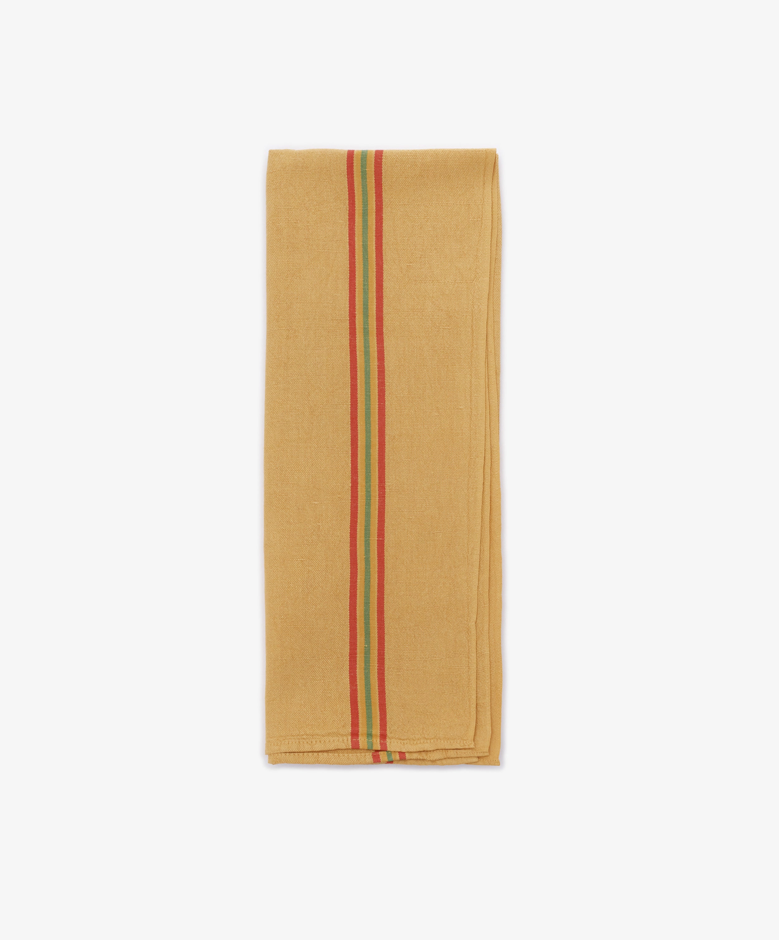 A French Vintage Tea Towel, folded and mustard yellow with a vertical red and green stripe inspired by Provence, is displayed on a white background.