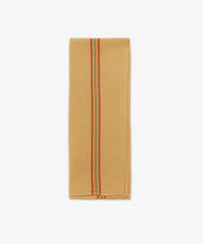 A French Vintage Tea Towel, folded and mustard yellow with a vertical red and green stripe inspired by Provence, is displayed on a white background.