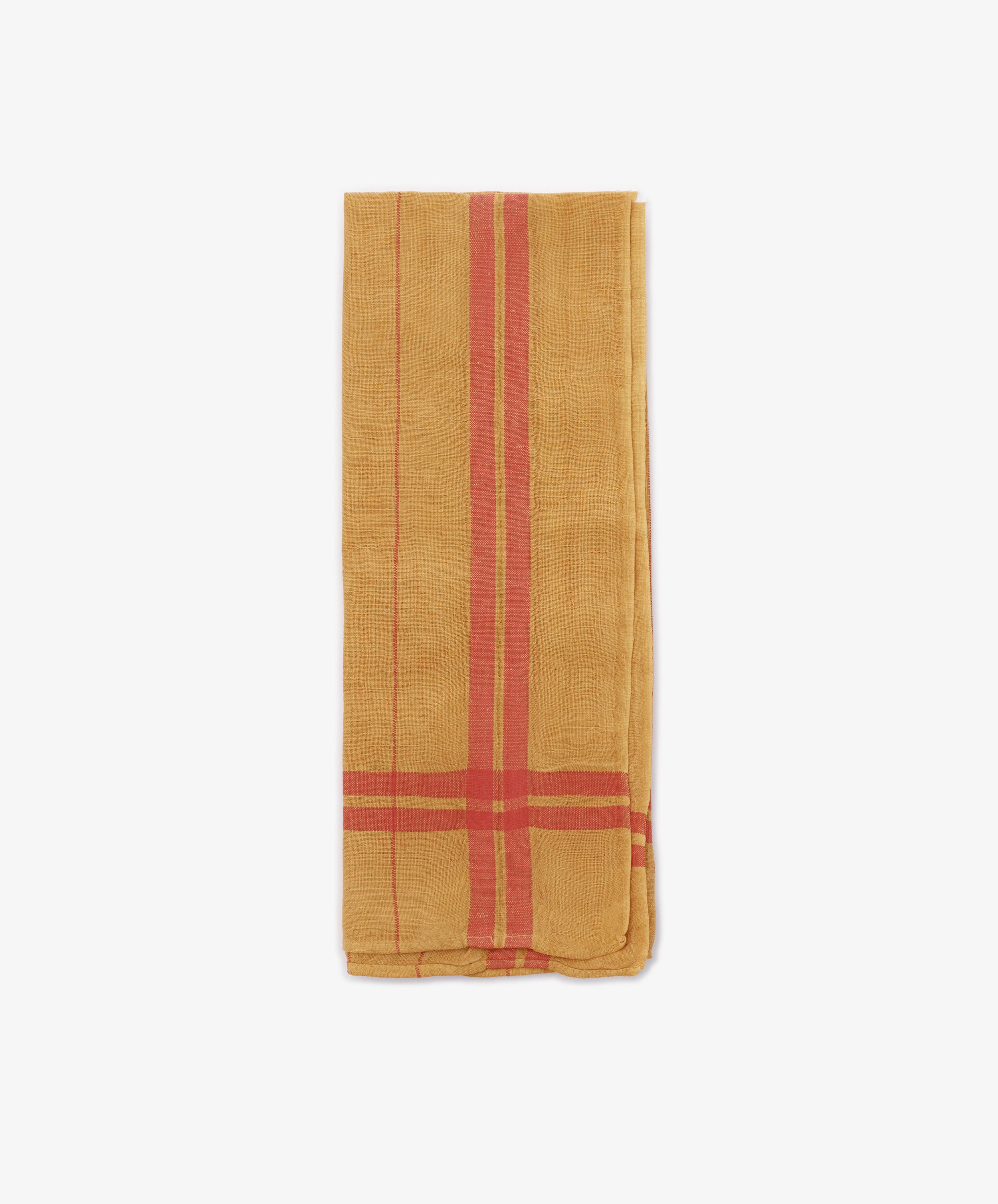 The French Vintage Tea Towel, a folded yellow cloth napkin with red stripes inspired by Provence linen, is displayed against a white background—perfect for adding charm to your kitchen.