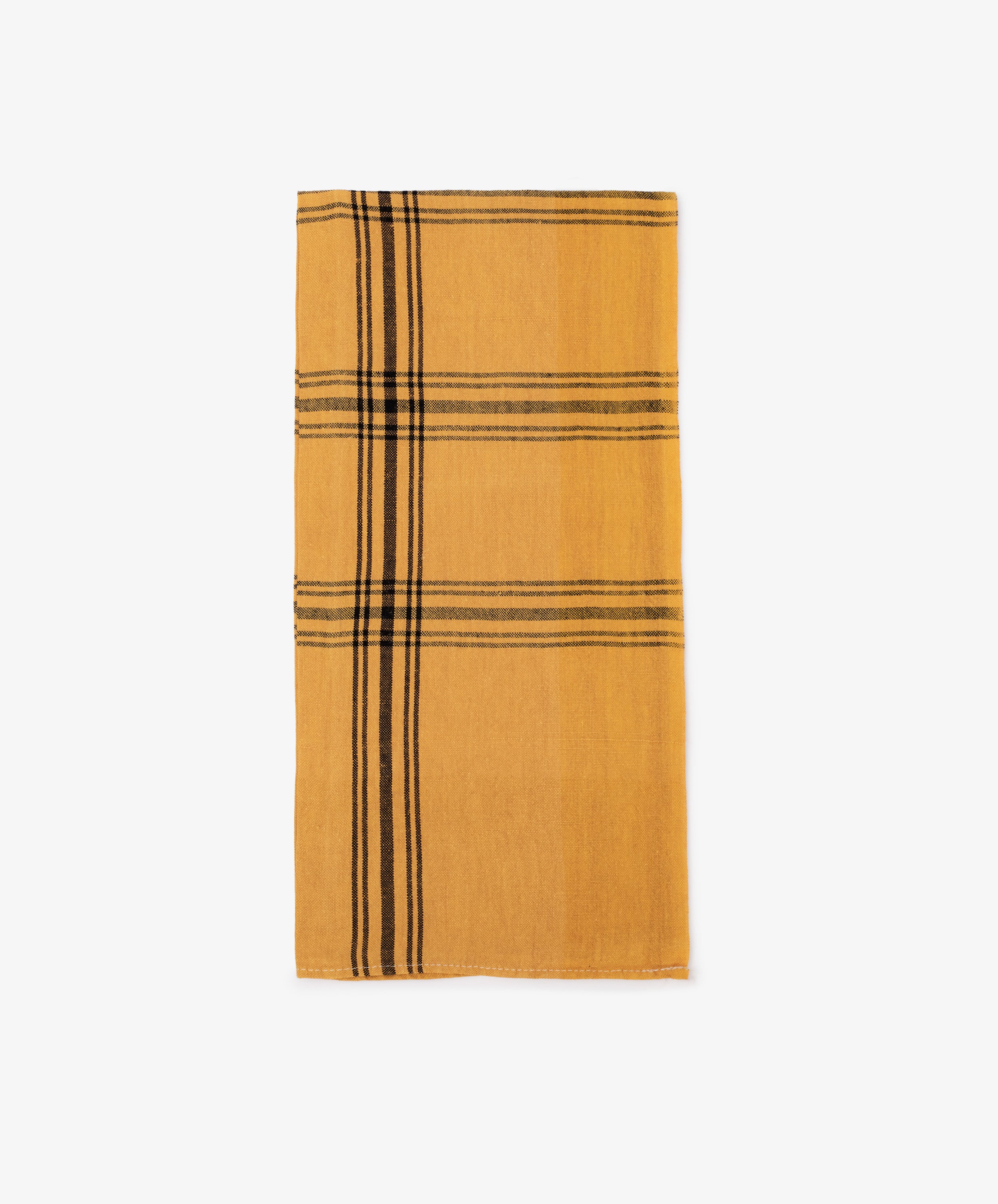 Yellow Vintage French tea towel with black stripe design. Front view.