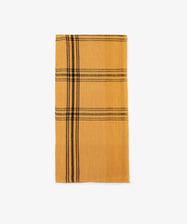 Yellow Vintage French tea towel with black stripe design. Front view.