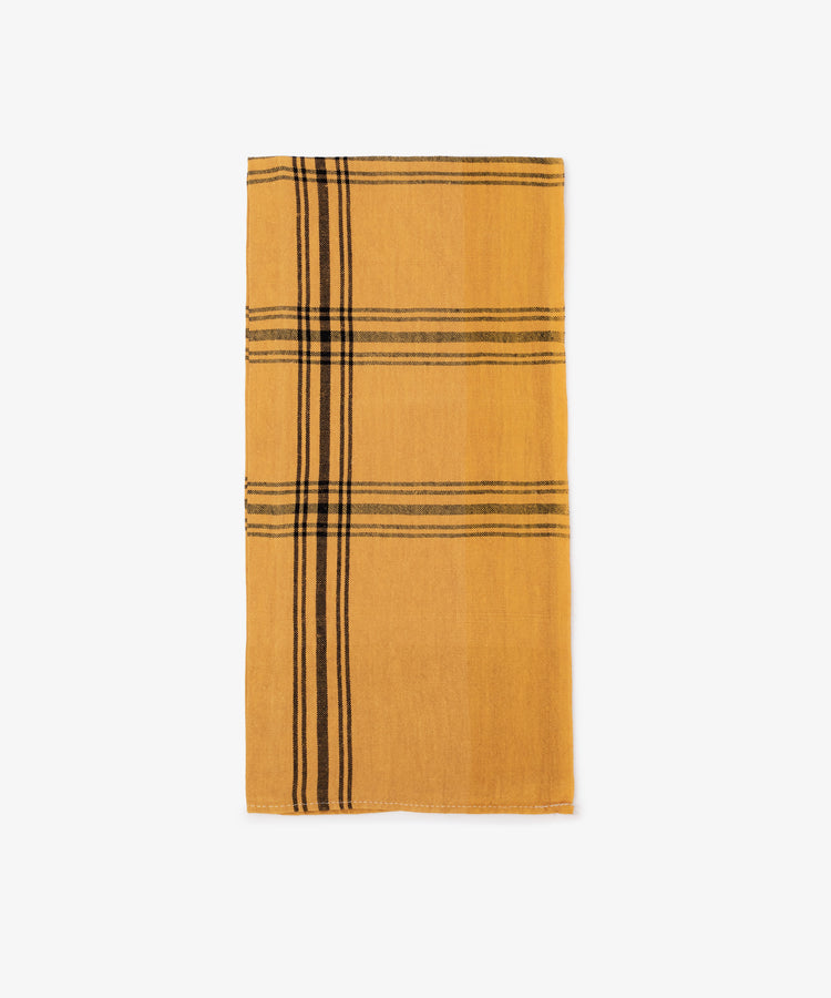 Yellow Vintage French tea towel with black stripe design. Front view.