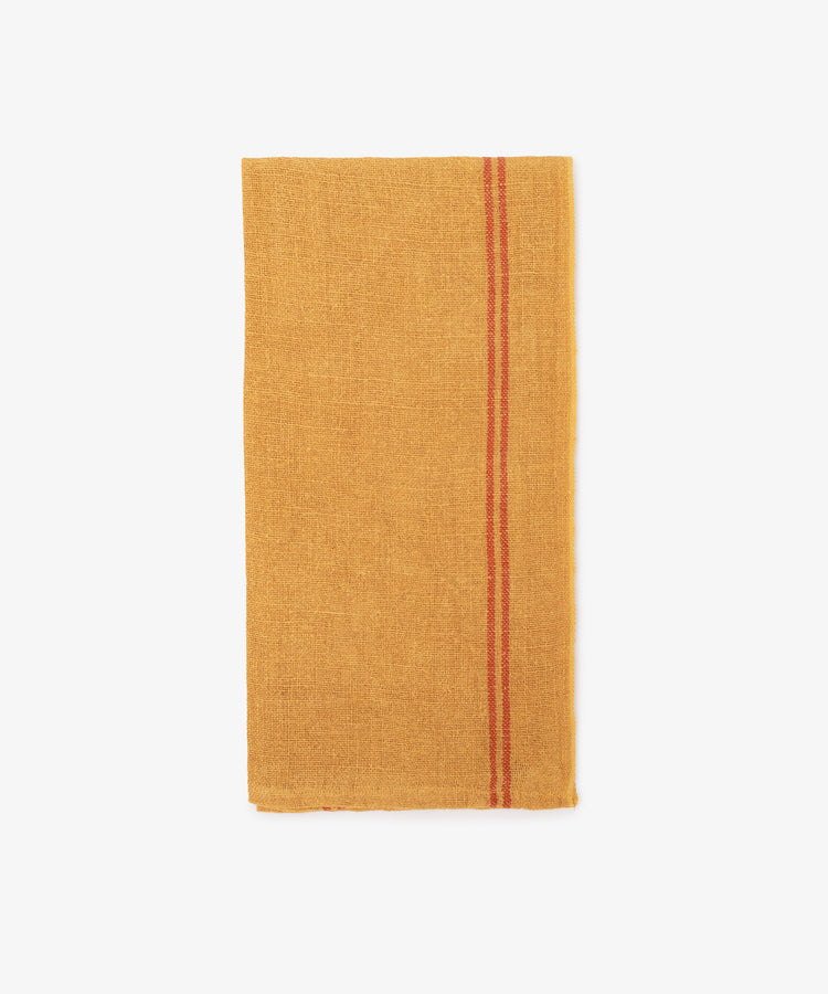 Yellow Vintage French tea towel with a double red stripe design. Front view.
