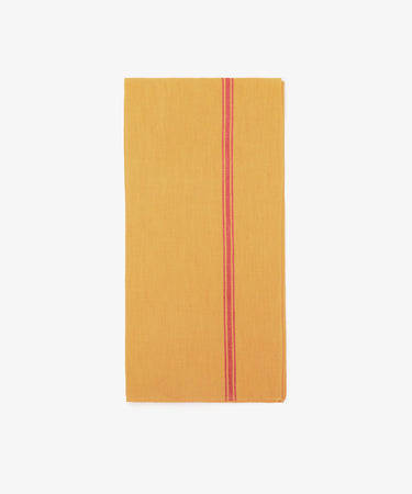 Yellow Vintage French tea towel with three red stripes. Front view.