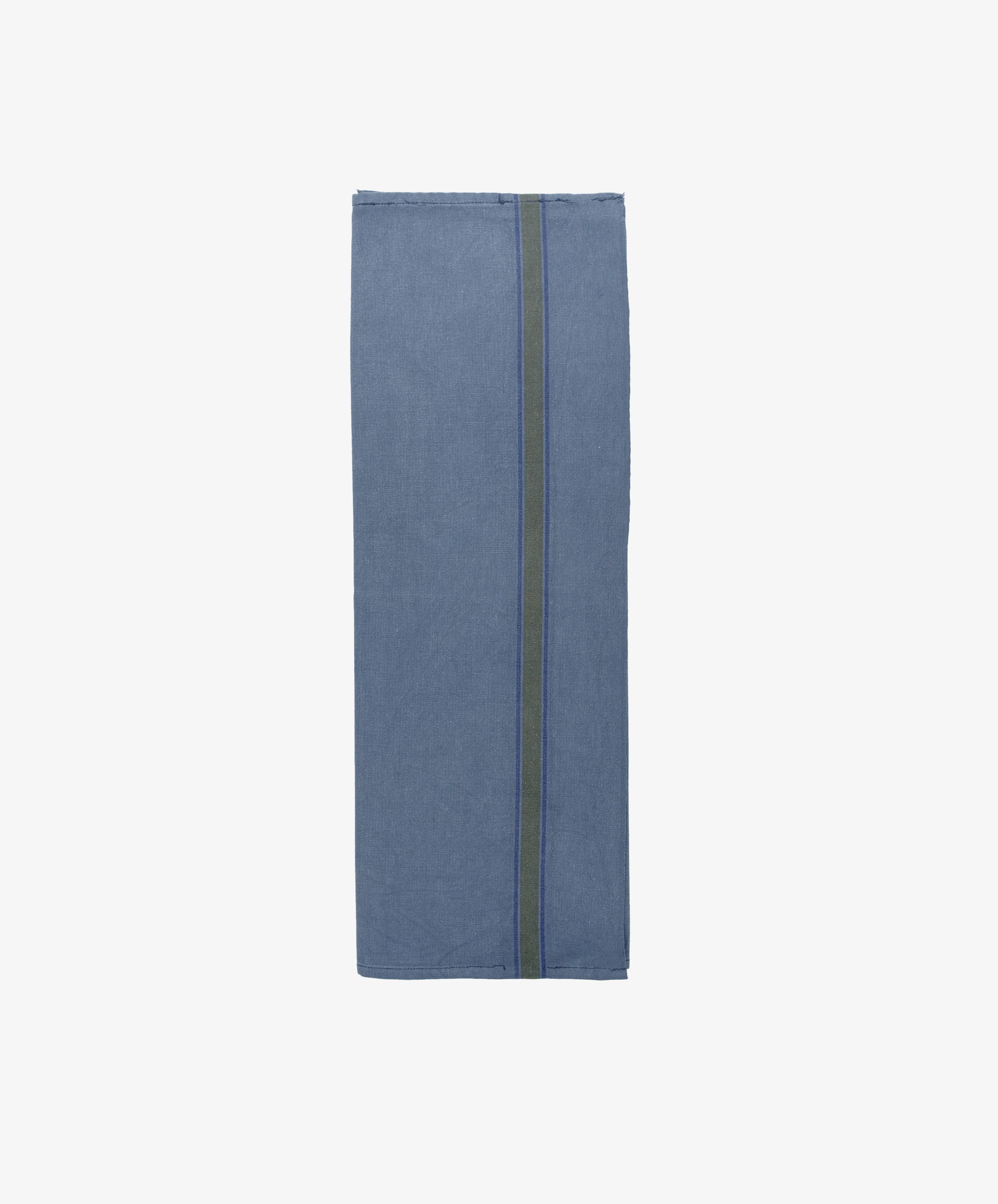 The French Vintage Tea Towel is a rectangular blue cloth with a single dark green stripe near one edge, inspired by classic Provence linen tea towels—an ideal kitchen accessory, shown here on a plain white background.