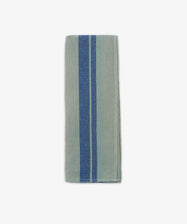 The French Vintage Tea Towel, a folded light gray napkin with two blue vertical stripes and one light blue stripe, evokes classic linen charm and is displayed on a white background.
