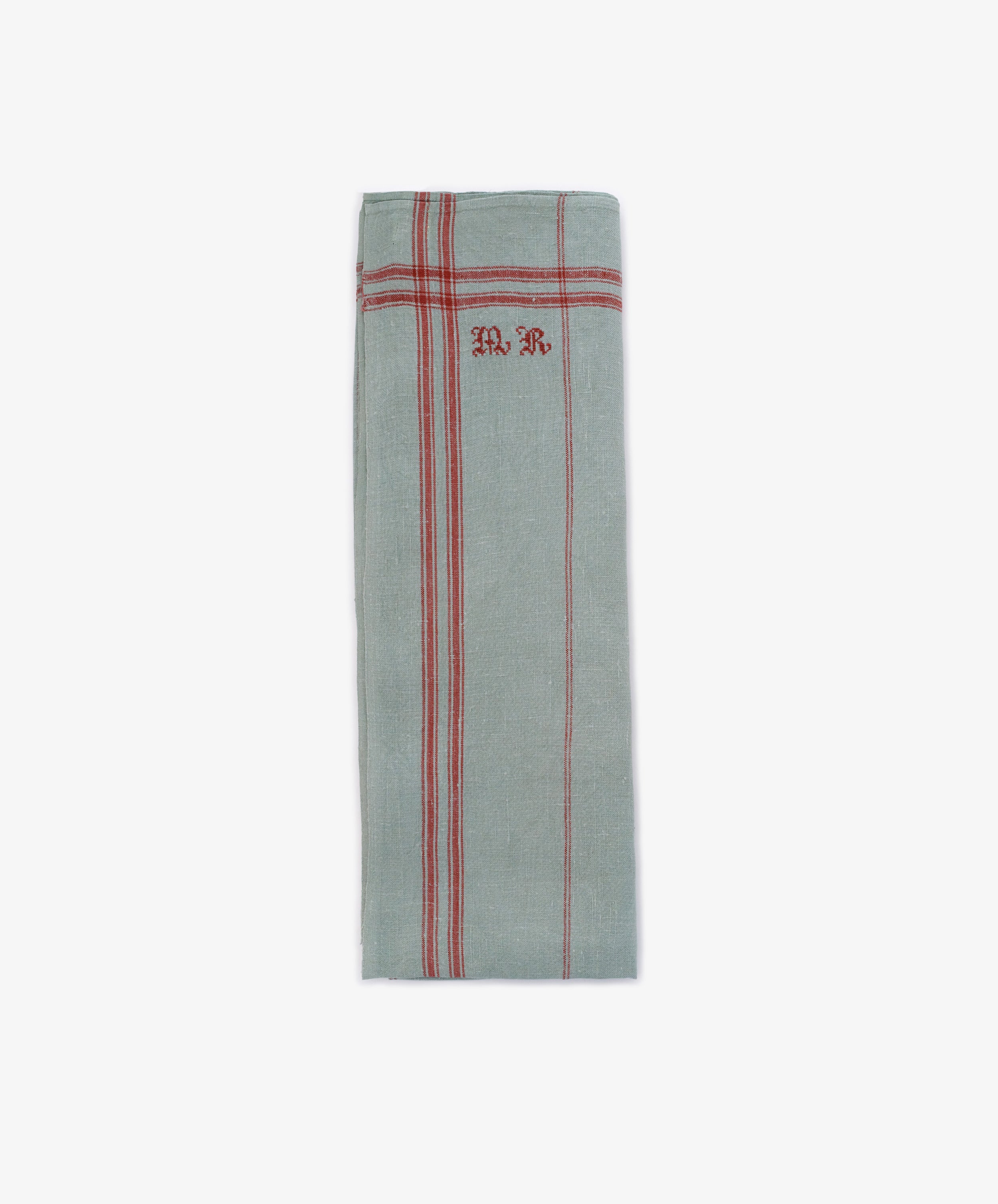 The French Vintage Tea Towel features light gray linen, red stripes, and embroidered “H. R.” initials at the top center—perfect for bringing Provence-inspired charm to your kitchen.