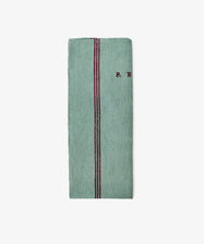 A French Vintage Tea Towel made of folded green fabric, featuring two parallel dark red stripes and the embroidered initials 