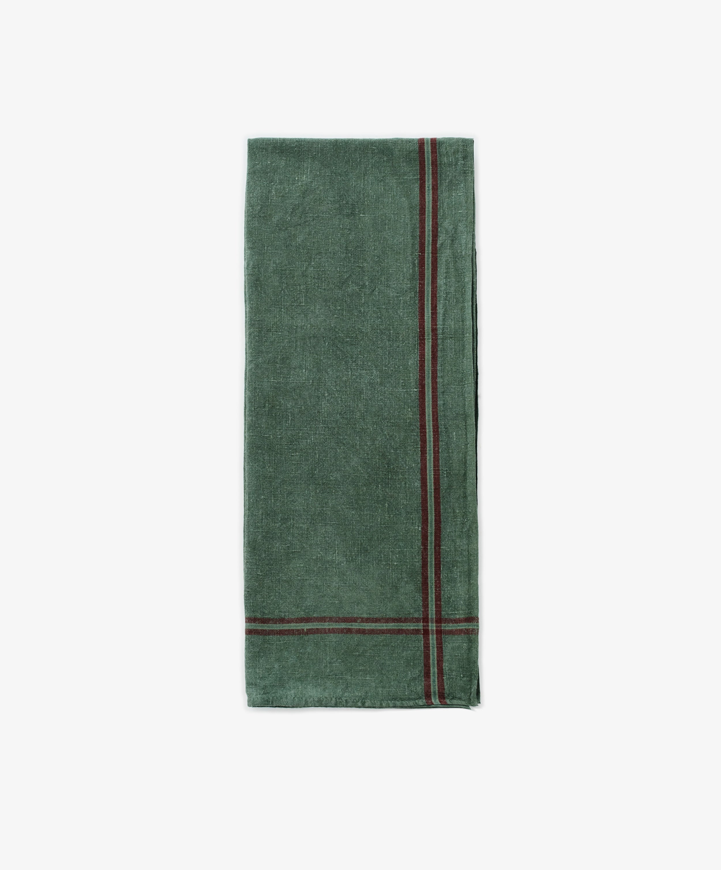 The French Vintage Tea Towel—a folded green cloth napkin with two parallel dark red edge stripes, reminiscent of classic linen tea towels—sits on a white background, adding charm and absorbency to any Provençal pantry.