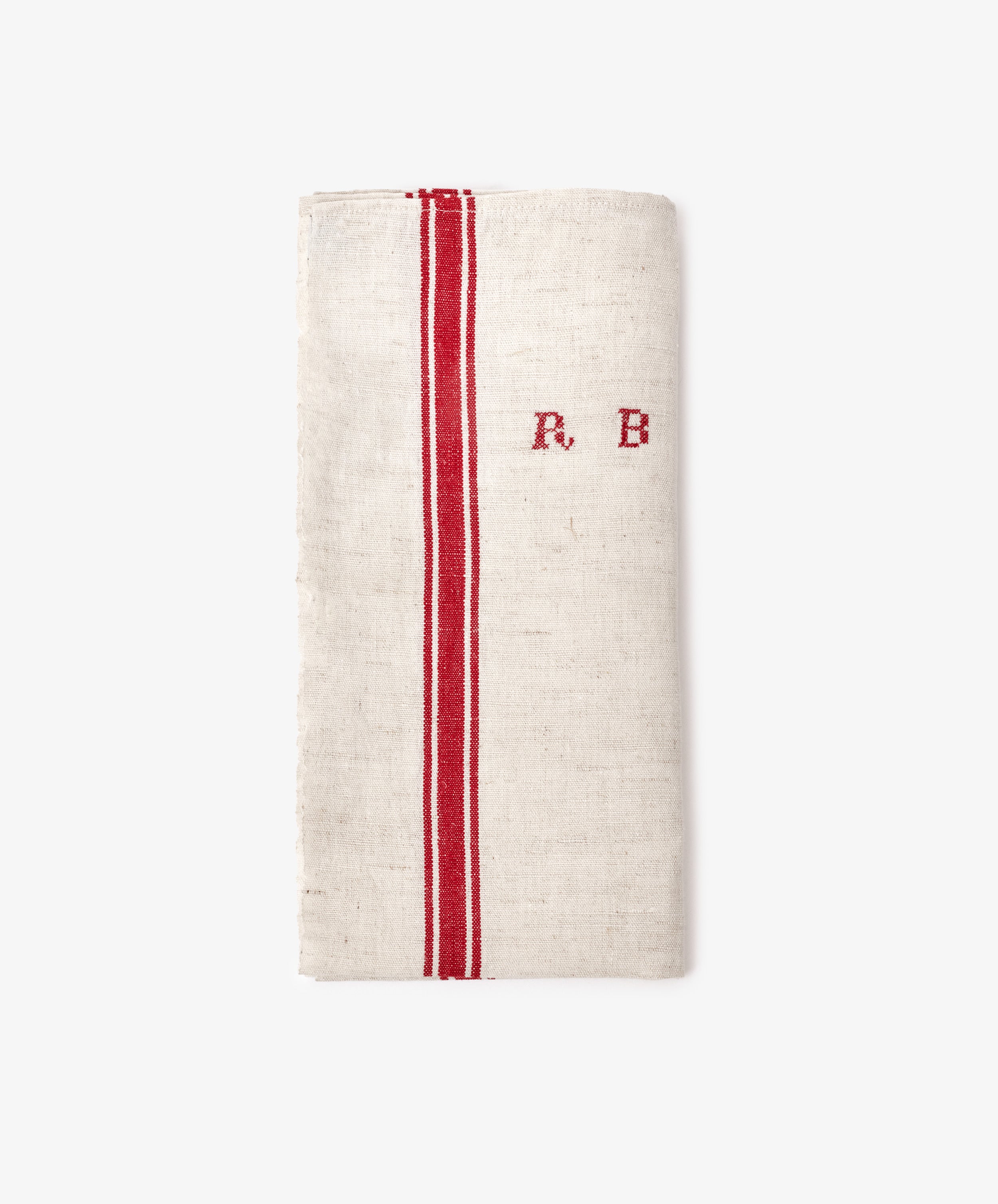 A French Vintage Tea Towel in folded linen, featuring two vertical red stripes and embroidered 