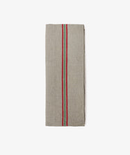 The French Vintage Tea Towel is a folded grey linen kitchen cloth with bold red and green center stripes, evoking classic Provence style, displayed on a plain white background.