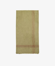 Olive Vintage French tea towel with red stripe design. Front view.