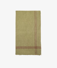 Olive Vintage French tea towel with a trio of red stripes. Front view.