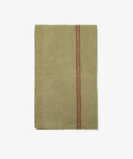 Olive Vintage French tea towel with trio of red stripes.. Front view.