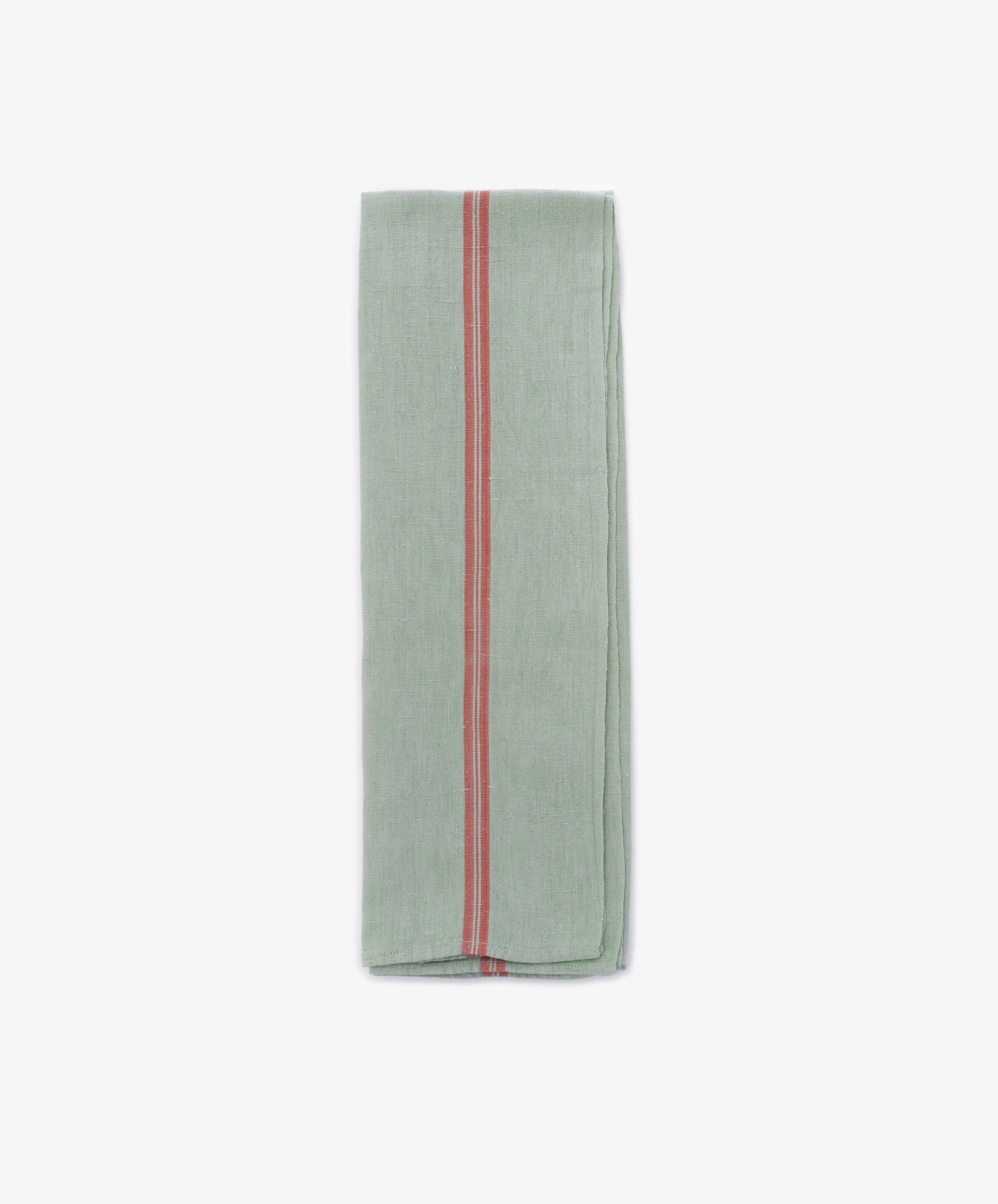 The French Vintage Tea Towel, a folded light green linen with a central red stripe, brings Provençal charm and vintage style to your kitchen. Shown here on a plain white background.