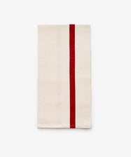 French vintage tea towel with a red stripe down the center. Front view.