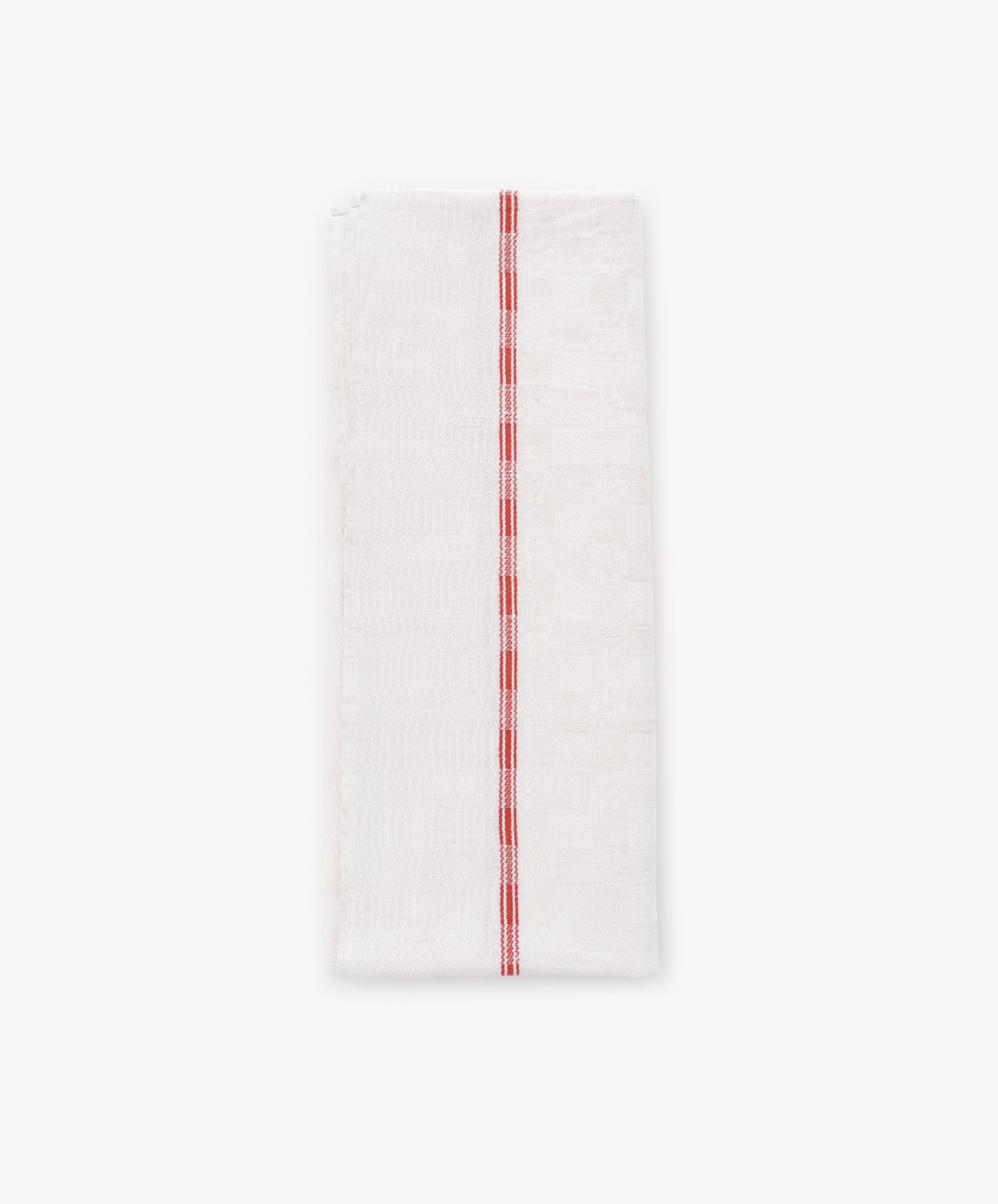 A French Vintage Tea Towel featuring a neatly folded white cloth with a single vertical red stripe, reminiscent of classic linen tea towels, displayed on a plain white background.
