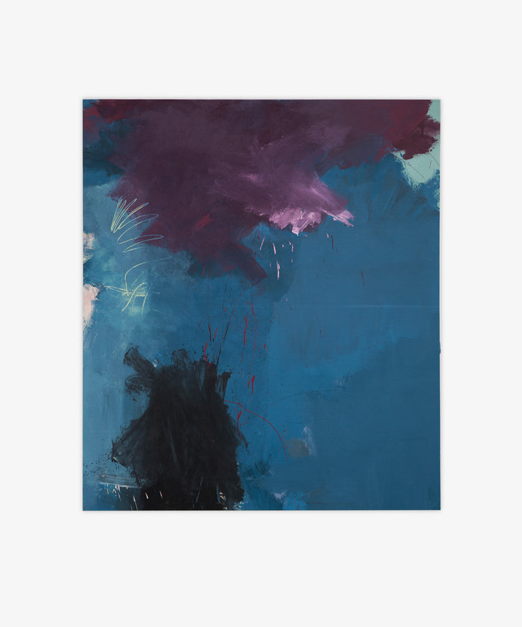“Untitled 11” is an abstract painting with large blue areas, a dark purple cloud form at the top, a black shape in the lower left, and scattered red and light marks—exuding spontaneity in every brushstroke.