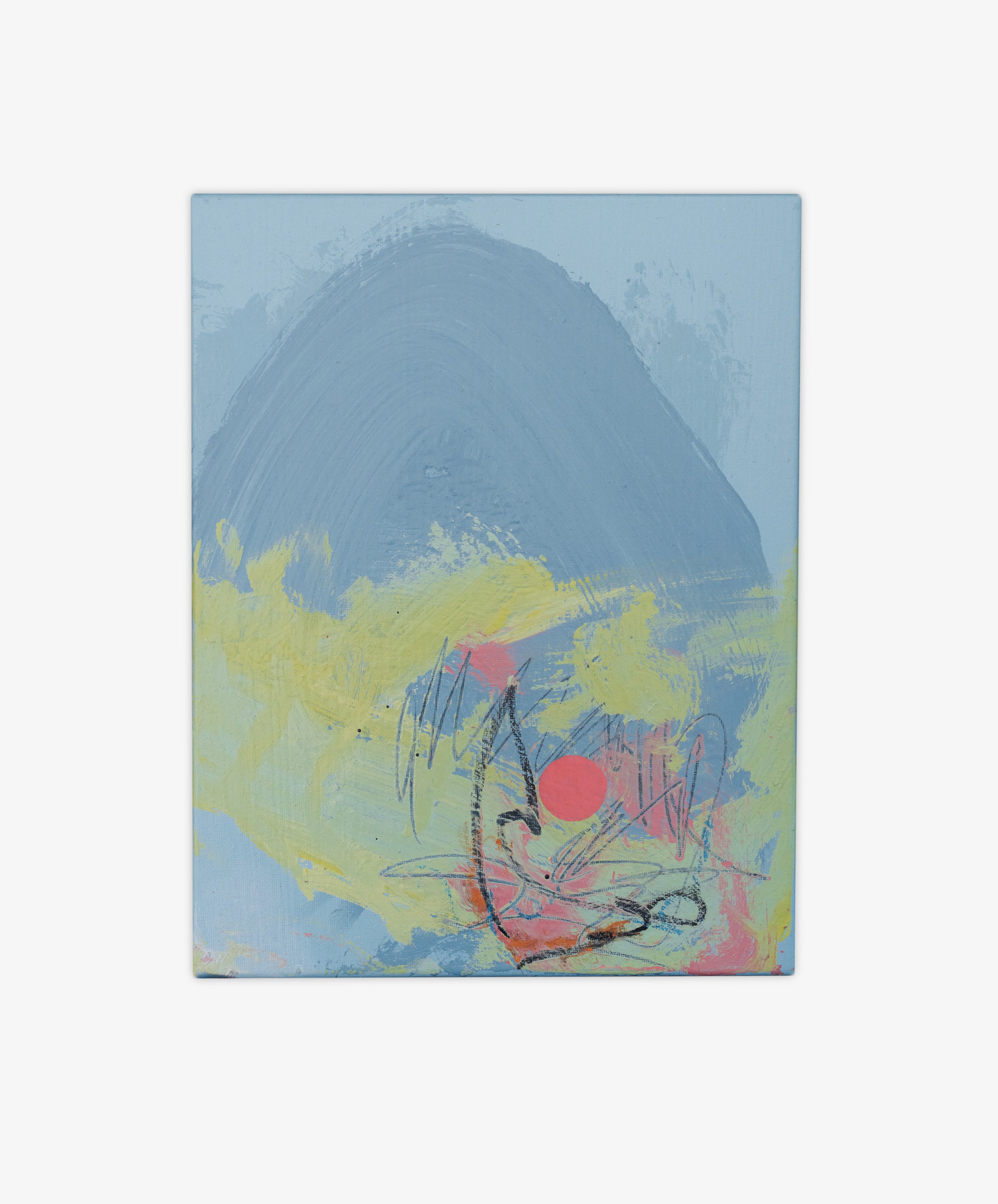 Untitled 13 features an abstract composition with blue and yellow backgrounds, loose brushstrokes, and expressive red and black lines evoking the style of expressive small-scale paintings or Willie Cole art.