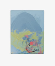 Untitled 13 features an abstract composition with blue and yellow backgrounds, loose brushstrokes, and expressive red and black lines evoking the style of expressive small-scale paintings or Willie Cole art.