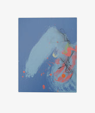 Untitled 14 is an abstract painting with a blue background, showcasing a bold light blue brushstroke and splashes of red, orange, and black lines on the right side—an expressive piece reminiscent of Willie Cole's work.