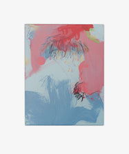 Untitled 15 is an expressive abstract wall art piece featuring broad pink and blue brushstrokes, a red circular shape, scribbled black lines, and a light blue background, brimming with gestural energy.