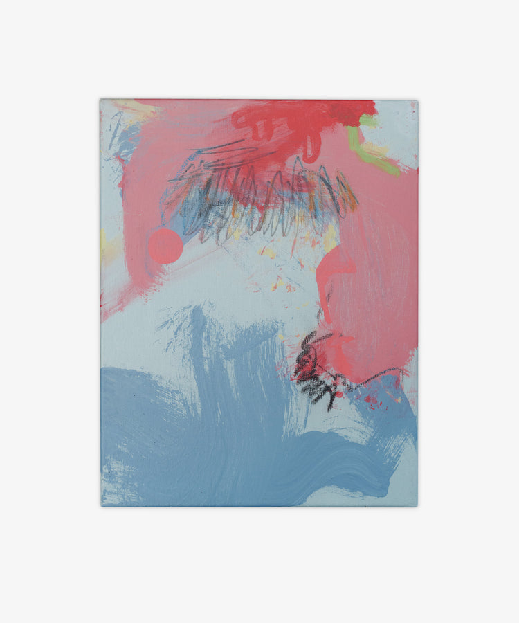 Untitled 15 is an expressive abstract wall art piece featuring broad pink and blue brushstrokes, a red circular shape, scribbled black lines, and a light blue background, brimming with gestural energy.