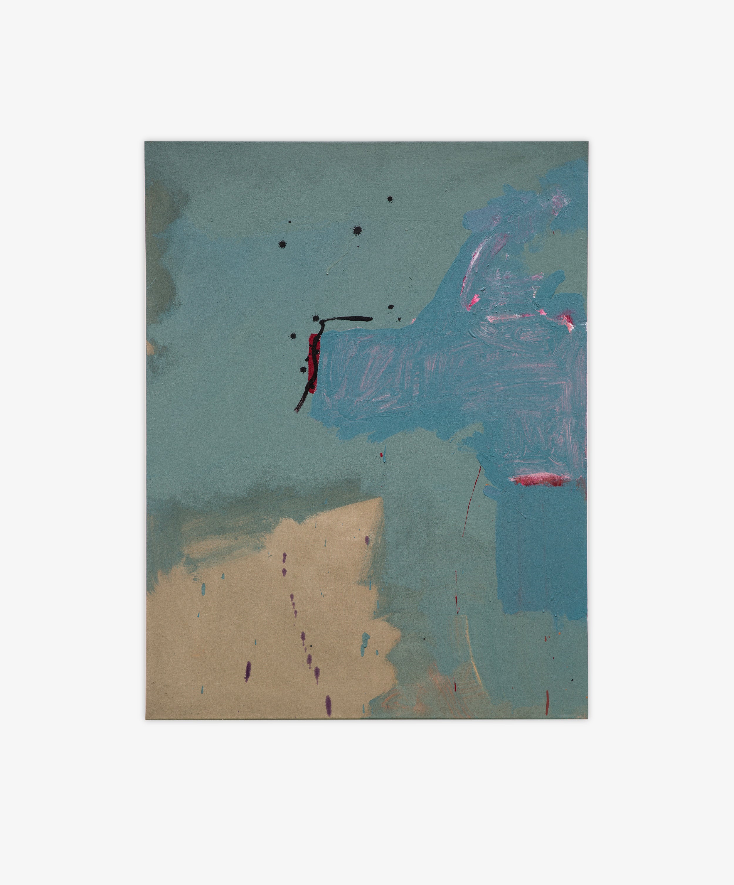 Untitled 2 is a framed abstract canvas featuring blue, teal, and beige areas with black and pink accents. Bold brushstrokes and scattered drips make this painting a striking addition to any space.