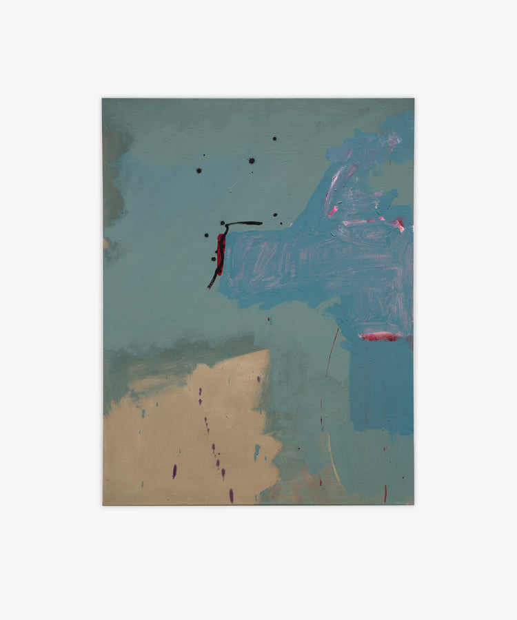 Untitled 2 is a framed abstract canvas featuring blue, teal, and beige areas with black and pink accents. Bold brushstrokes and scattered drips make this painting a striking addition to any space.
