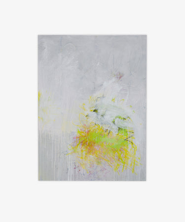 Untitled 3 is an abstract painting with a pale gray background and splashes of white, yellow, and green in the lower center. The framed artwork features visible drip marks and soft, blurred edges for a modern, sophisticated look.