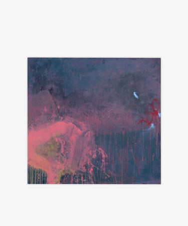 Untitled 4 is an abstract painting with a dark blue and purple background, accented by vibrant pink and red brushstrokes and drips, plus a small white spot near the upper right.