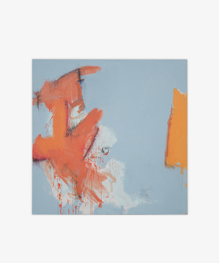 Untitled 5: Abstract painting with bold orange and red brushstrokes on a light blue background, featuring textured splatters—ideal as framed artwork for your space or to view at our ongoing exhibition.