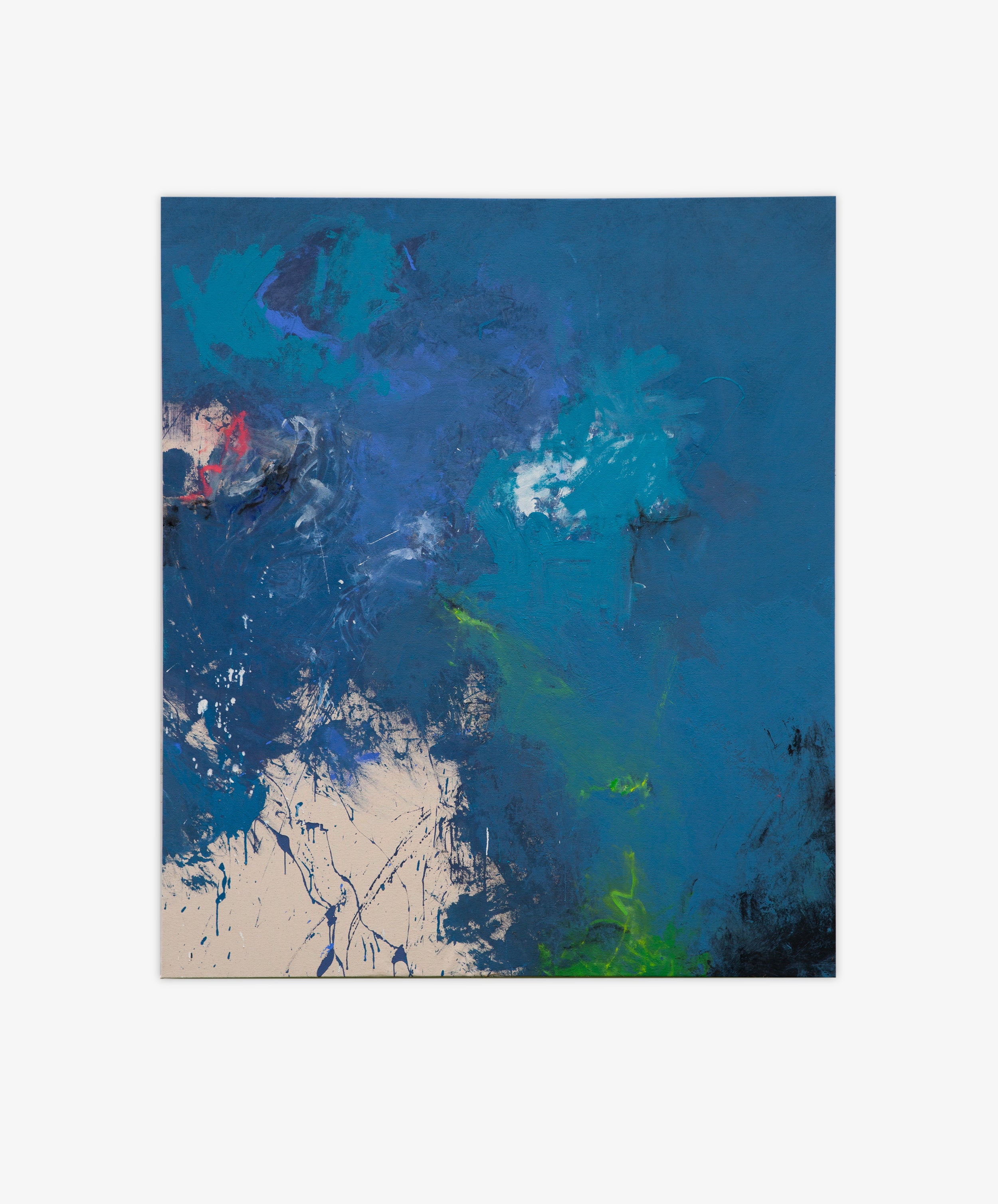 Untitled 8 is an abstract canvas painting with dominant blue tones, accented by splashes of white, red, green, and black. Gestural strokes and textured areas on beige canvas create an original artwork full of movement and depth.
