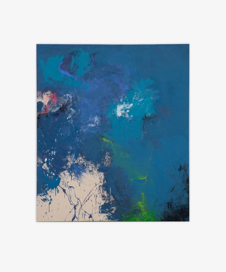 Untitled 8 is an abstract canvas painting with dominant blue tones, accented by splashes of white, red, green, and black. Gestural strokes and textured areas on beige canvas create an original artwork full of movement and depth.