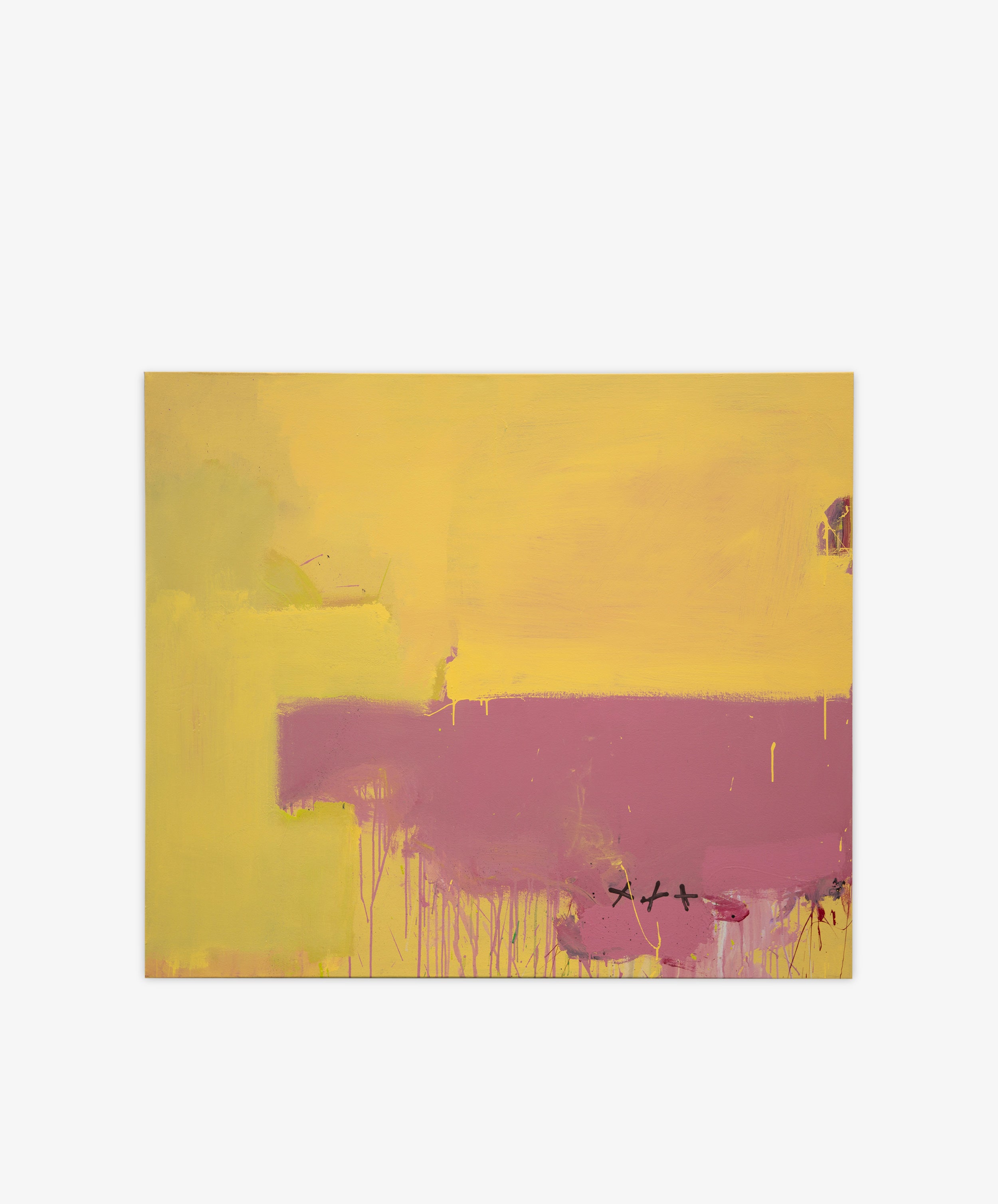 Untitled 9 is an abstract painting with a vibrant yellow background and a horizontal band of purple at the bottom, accented by paint drips and small black markings—an eye-catching piece for any art exhibition.