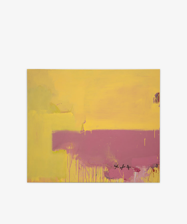 Untitled 9 is an abstract painting with a vibrant yellow background and a horizontal band of purple at the bottom, accented by paint drips and small black markings—an eye-catching piece for any art exhibition.