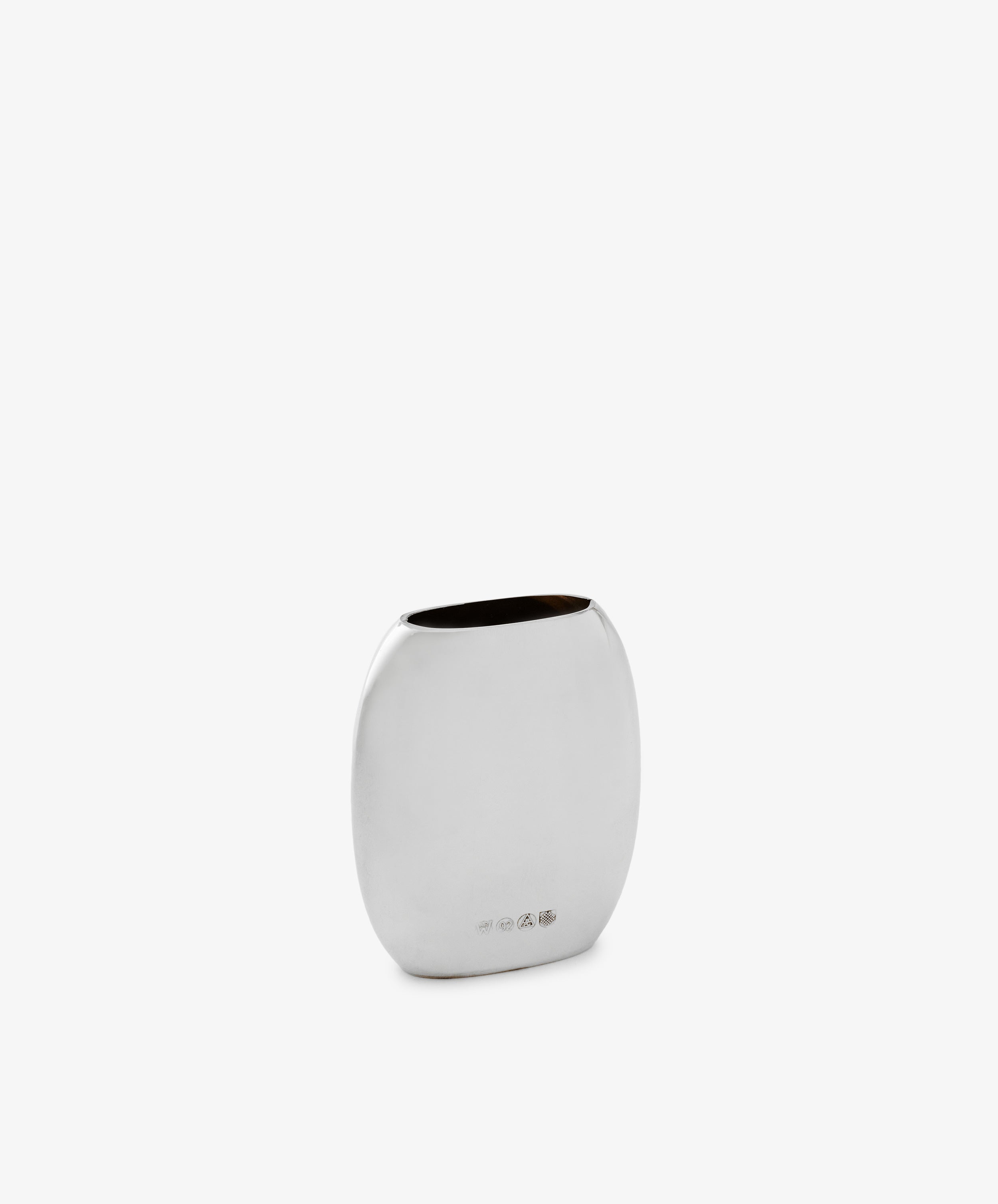 The Vera Oval Budvase, featuring a pewter finish and minimalist oval design inspired by Josef Hoffmann, is displayed on a plain white background.