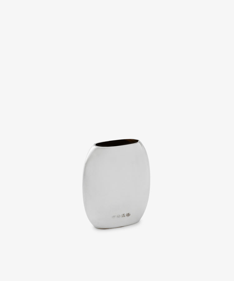 The Vera Oval Budvase, featuring a pewter finish and minimalist oval design inspired by Josef Hoffmann, is displayed on a plain white background.