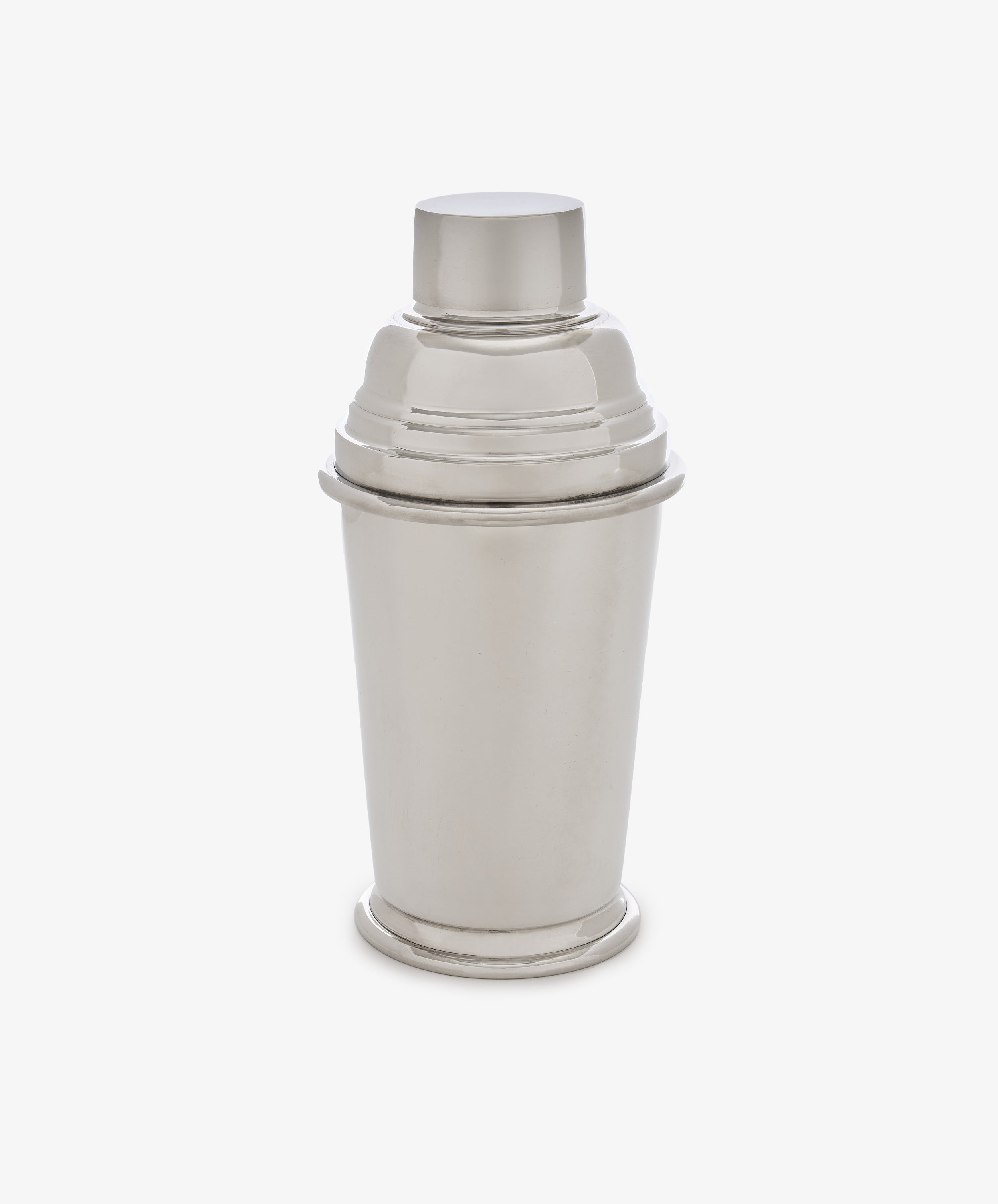 Oscar Cocktail Shaker made of stainless steel and pewter with a lid, displayed upright against a white background.