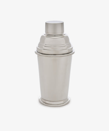 Oscar Cocktail Shaker made of stainless steel and pewter with a lid, displayed upright against a white background.