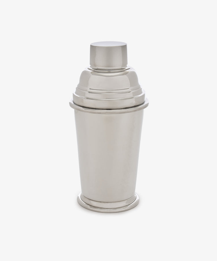 Oscar Cocktail Shaker made of stainless steel and pewter with a lid, displayed upright against a white background.